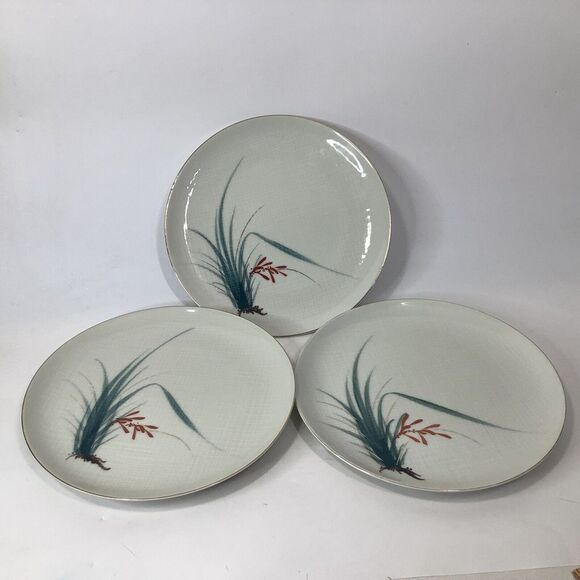 Vtg 3 Nunome China Dinner Plates 10 in Grass Red Flower Gray Plaid Japan OOAK‎ - Picture 8 of 9